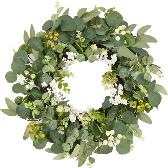 20 Inch Eucalyptus Wreath for Front Door, Spring Green Leaf Door Wreaths Farmhouse with Boxwood Willow Leaves Berries for All Seasons Window Wall Wedding Indoor Outdoor Decor {5}