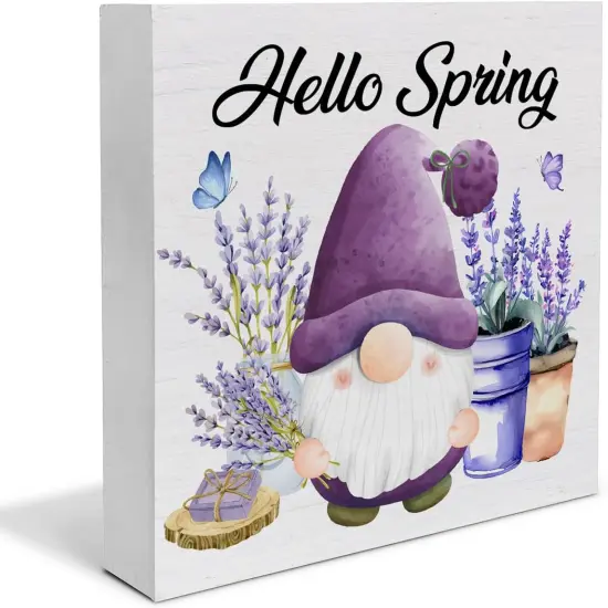 Spring Decor, Rustic Gnome Wood Sign Spring Lavender Tray Decoration Tabletop Shelf Desk Home Decor {1}