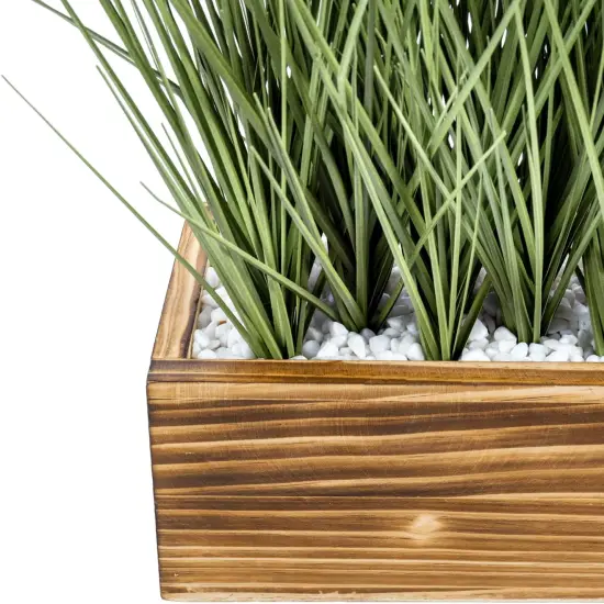 Artificial Grass Plants in Rustic Burnt Solid Wood Planter Box, 12 Inch Decorative Wooden Container with Faux Greenery Plant, Indoor Table Decor {5}