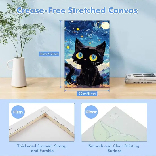 Starry Night Cat Paint by Numbers for Adults Beginners Framed, Easy Adults' Paint-by-Number Kits, Adult Paint by Number Kits on Canvas, Acrylic Number Painting for Home Decor, 8x12in {2}