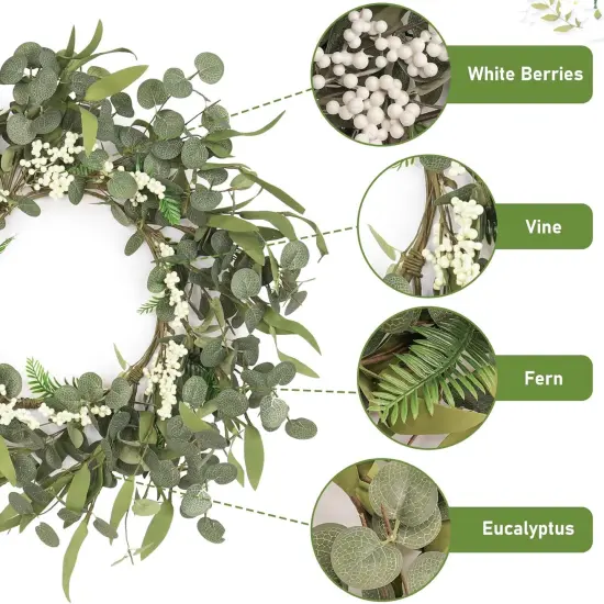 Eucalyptus Wreath, 21 Inch Artificial Wreaths for Front Door with Berries & Green Leaves, Spring {4}
