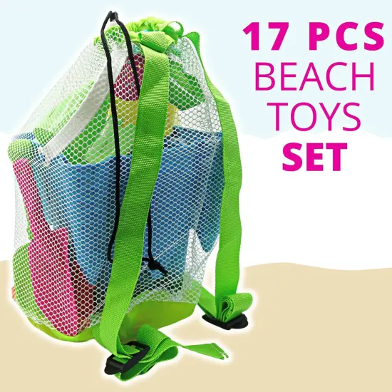 4E's Novelty Kids Beach Toys - 17 Pcs Sand Set w/ Beach Bucket, Shovels, Sand Molds & Mesh Bag {3}