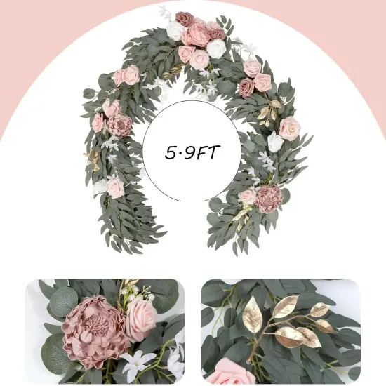 Pink Flower Garland 5.9ft Faux Eucalyptus and Rose Garland with Flowers for Wedding Centerpiece Table Decorations Flower Table Runner Sweetheart Table Decor（Blush Pink） {3}