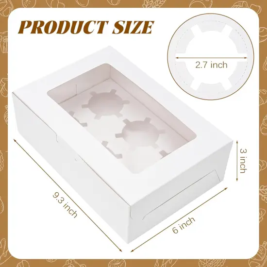Cupcake Boxes with Inserts 6 Holders, White Standard Bakery Boxes with Window Food Grade Cupcake Containers 6 Count for Muffins, Pack of 15 {3}