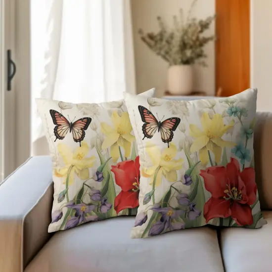 Spring Summer Flower Outdoor Decorative Pillow Covers 18x18 Inch Set of 2 Floral Butterfly Throw Pillows Spring Farmhouse Pillowcases Cotton Linen Cushion Covers for Couch Bed Sofa Chair Home Decor {5}