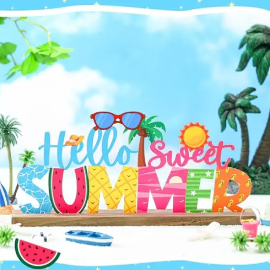 Hello Sweet Summer Metal Sign Rustic Table Decor Holiday Tiered Tray Decor with Wooden Base Freestanding Metal Word Sign for Home Tabletop Centerpiece Mantel Shelf Fireplace {5}