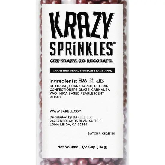 Krazy Sprinkles - Cranberry Pearl 4mm Beads (1/2 Cup, 1x Jar) for Cakes, Ice Cream & Cookies {4}