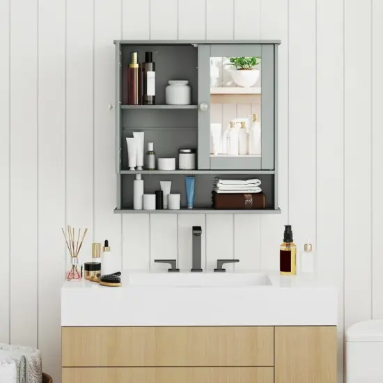 Wall Cabinet with Double Mirror Doors Adjustable Shelf Storage for Bathroom and Bedroom Grey {6}