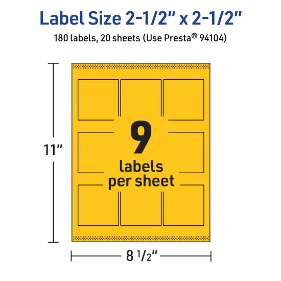 Avery Bright Yellow Paper Labels, 2.5" x 2.5" Square {5}