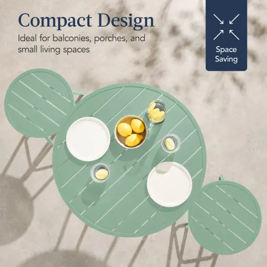 Best Choice Products 3-Piece Steel Patio Bar Height Round Bistro Set w/ Backless Stools, Slatted Design Sage {6}