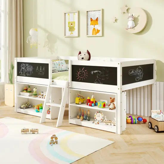 Twin Loft Bed with Chalkboards, Bookcases, Storage Shelf, Guardrails, and Sturdy Wood Construction White {6}