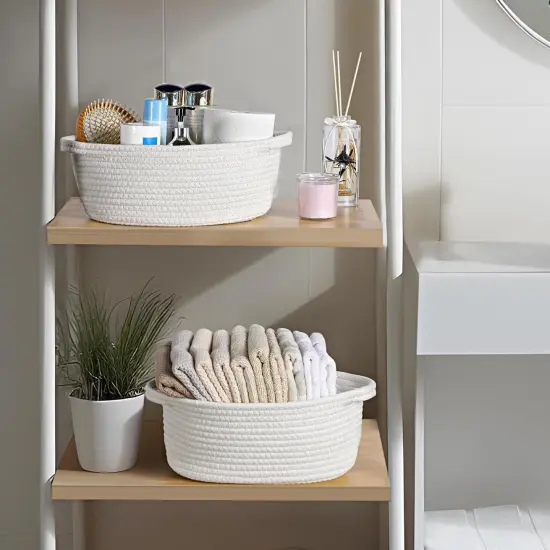 4 Pack Small Woven Basket with Handles, All 12"x 8"x 5", Cotton Rope Room Shelf Storage Basket, Cat Toys, Cute Baby Gift Basket with Gift Bags and Ribbons for Nursery, Empty Decorative Gift Chest Box {5}