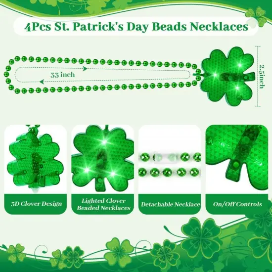 4Pcs Light up Shamrocks Beads Necklaces, St Patrick's Day Necklace Accessories Led Shamrocks Necklaces Metallic Green Bead Clovers Necklaces for Irish St. Patricks Day Party Favor Supplies {2}