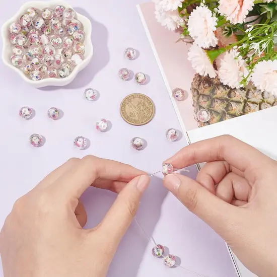 60pcs 9~10mm Rose Lampwork Beads Gold Sand Glass Beads Handmade Flower Glass Beads Round Loose Beads for Rosary Making Jewelry Craft Making with 1.5~2mm Hole - White {6}