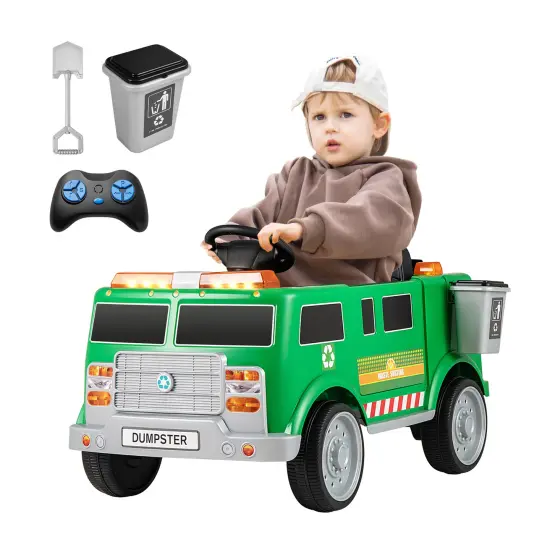 Green Plastic 12V Battery-Powered Electric Vehicle with Remote Control & Trash Bin {5}
