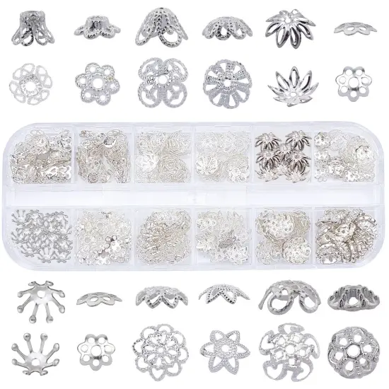 1 Box 240Pcs 12 Styles Flower Spacer Beads Caps Silver Bead Caps Mixed Tibetan Beads Jewelry Findings for DIY Earring Bracelet Necklace Keyring Making {1}