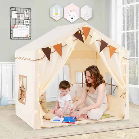 Kids Large Play Tent House with 2 Opening Door and Star Lighting Perfect for Gift Beige {2}