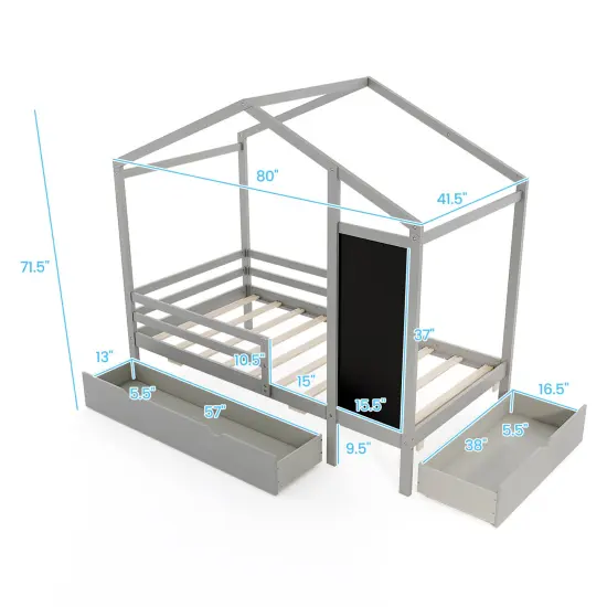 Wooden Twin House Bed with Storage Drawers Blackboard and Guardrails for Kids Grey {5}