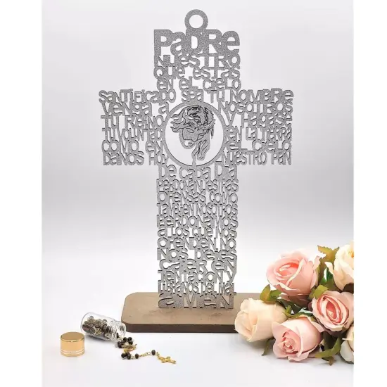 12pcs Jesus Cross Wood Stand Laser Cutout Baptism Centerpiece Silver {2}