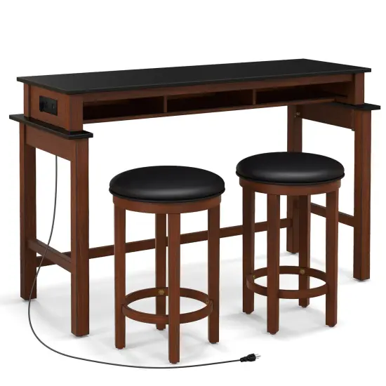 3-Piece Home Bar Set with 2 Upholstered Bar Stools Outlets and USB Ports Black {1}