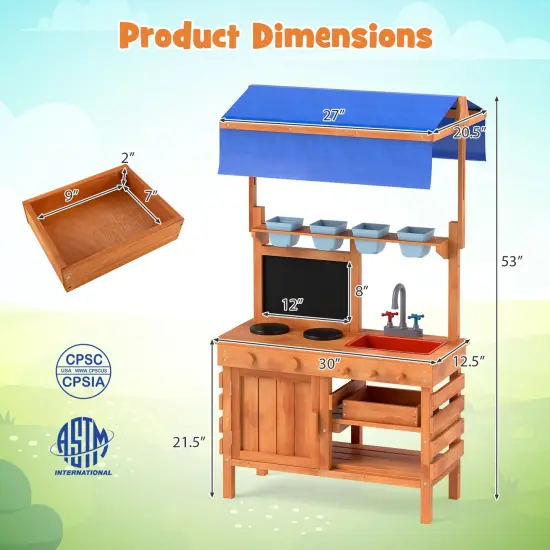 Natural Wood Pretend Play Kitchen with Height-Adjustable Canopy for Kids {4}