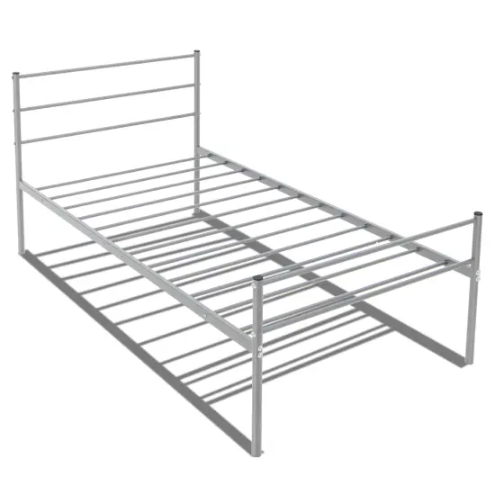 Twin Size Metal Bed Frame Platform with Headboard-Silver {1}