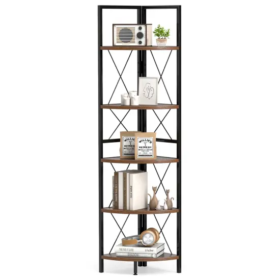 63 Inch Tall 5-Tier Freestanding Corner Storage Shelf with Heavy Duty Metal Frame and X-Shaped Brackets {4}