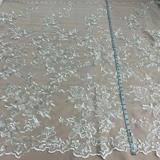 1 Yard Premium Corded Bridal Lace Fabric Embroidered on Polyester Net Mesh 53" Width Ivory {1}