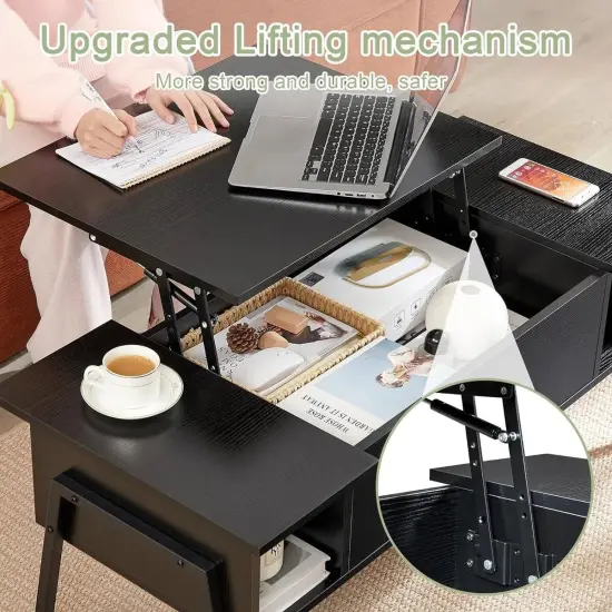 Modern Wood Coffee Table with Lift-Top Adjustable Desk and Storage Shelf for Living Room Black {3}