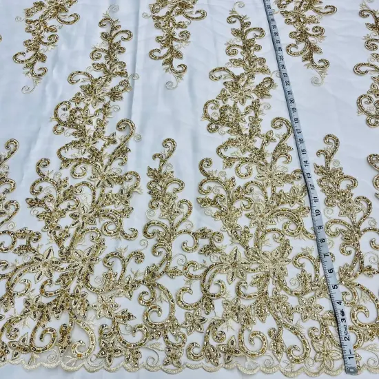 1 Yard Ivory Beaded & Corded Bridal Fabric Lace Embroidered on 100% Polyester Net Mesh, 51" Width, Elegant Wedding Fabric Silver {7}