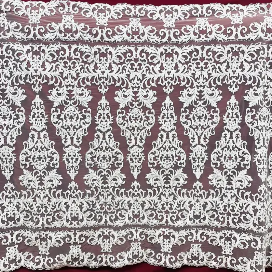 1 Yard Beaded & Corded Lace Fabric on 100% Polyester Net Mesh, White, 51" Wide, Embroidered Lace Fabric {1}