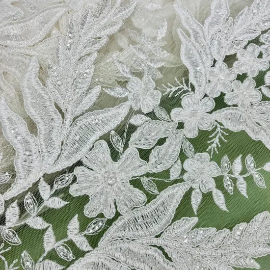 1 Yard Elegant White Beaded & Corded Embroidered Lace Fabric, 51" Wide, Bridal Fabrication for Gowns & D&eacute;cor Ivory {4}
