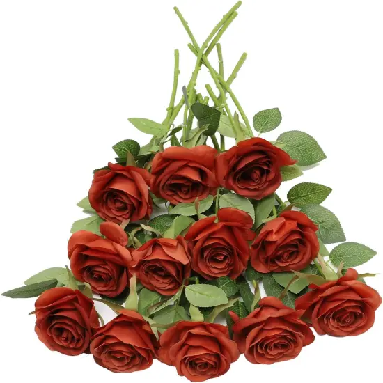 12 Pcs Artificial Rose Flower with Long Stem - Burnt Orange {1}