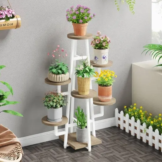 Metal and Wood 7-Tier Indoor Plant Stand with Scratch-Resistant Shelves White {5}