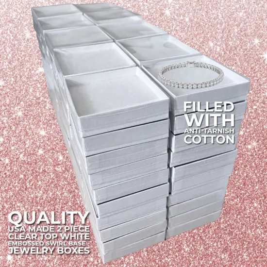 100 Boxes - Made in USA - Clear Top Jewelry Boxes with White Swirl Embossed Base Gift Case Cotton-Filled - 3-1/2" x 3-1/2" x 7/8" White Swirl Embossed - Gift Giving Keepsake Box & Jewelry Storage {5}