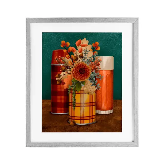 Autumnal Thermos & Botanicals Print Under Glass Wall Art Gray {1}