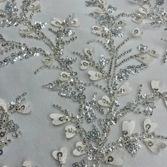 1 Yard Ivory Silver Beaded 3D Floral Lace Fabric, Embroidered Polyester Mesh, 54" Wide Ivory with Silver {4}