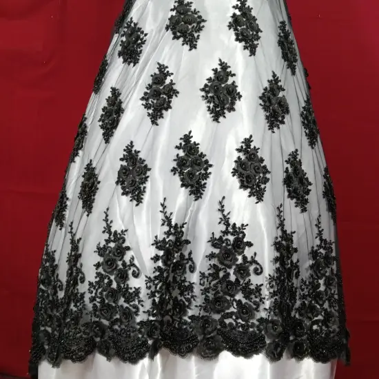 1 Yard Beaded & Rhinestone 3D Floral Embroidered Lace Fabric, Black Polyester Mesh, 54&rdquo; Wide Silver {2}