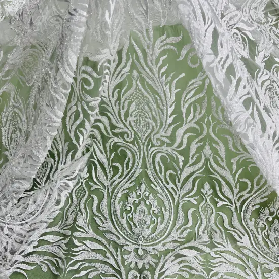 1 Yard Off White Beaded Lace Fabric Embroidered on 100% Polyester Mesh, 52&rdquo; Wide {1}