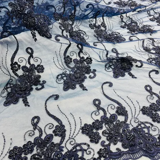 1 Yard Luxury Beaded and Corded Lace Fabric Embroidered Soft Polyester Net Mesh 54" Width Navy {3}