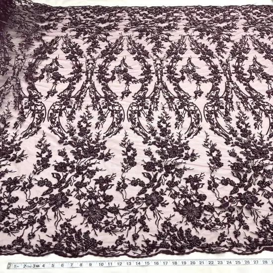 1 Yard Luxurious Beaded Lace Fabric Embroidered on 100% Polyester Net Mesh for Couture Dresses 54" Width Plum {1}