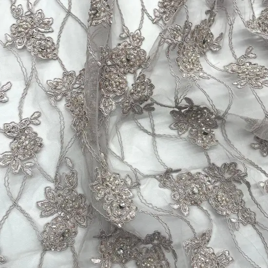 1 Yard Blush Beaded & Corded Bridal Lace Embroidered on Fabric 52" Wide Polyester Net Mesh Taupe {2}