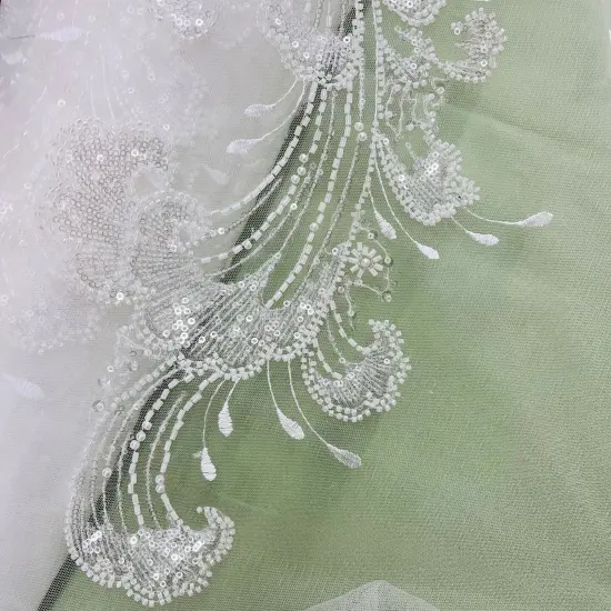 1 Yard Beaded Lace Fabric Embroidered on 100% Polyester Net Mesh, 52" Width, Premium Lace Fabrication White {5}