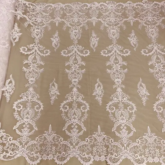 1 Yard Beaded & Corded Bridal Lace Fabric, Embroidered Mesh Net, 51&rdquo; Wide, 100% Polyester White {4}