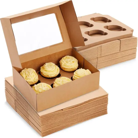 24 Pack Cupcake Containers with Windows, 6 x 6 Boxes with 4 Count Inserts for Muffins (Kraft Paper) {1}