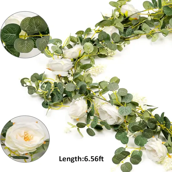 Eucalyptus Garland with Camellias Flowers, 6 FT Artificial White Flower Garland Floral Vines 1 Piece Eucalyptus Leaves Vines for Wedding Party Decor {2}