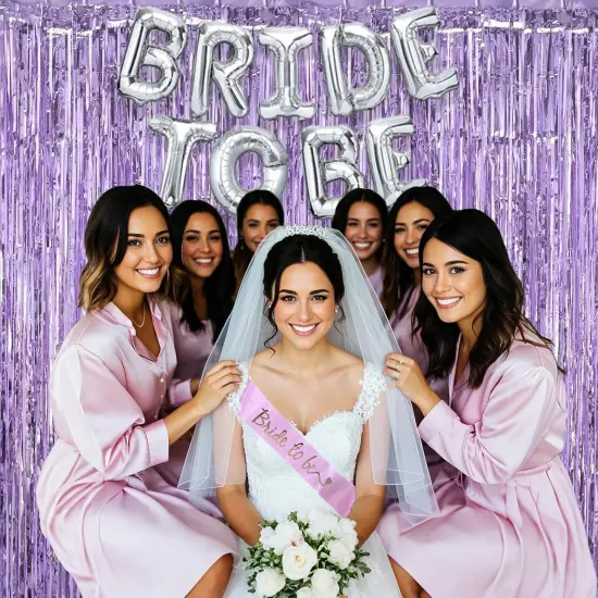 Lavender Bachelorette Party Decorations Set- Purple Bridal Shower Decorations Engagement Wedding Party Decor with Bride To Be Sash, Veil, Temporary Tattoos, Confetti Balloons Pack and Fringe Curtain {2}