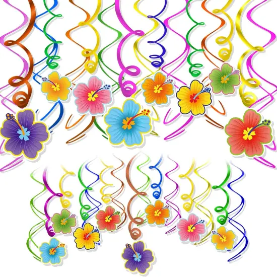 30 Pcs Hawaiian Tropical Luau Birthday Party Hanging Swirls Hibiscus Swirls Flower Foil Swirl Decorations Ceiling Decorations for Tiki Cocktail Beach Summer Party Decoration Supplies {1}