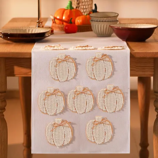 Fall Pumpkins Table Runner 3D Embroidered Handmade Linen 90 x 14 Inch {1}