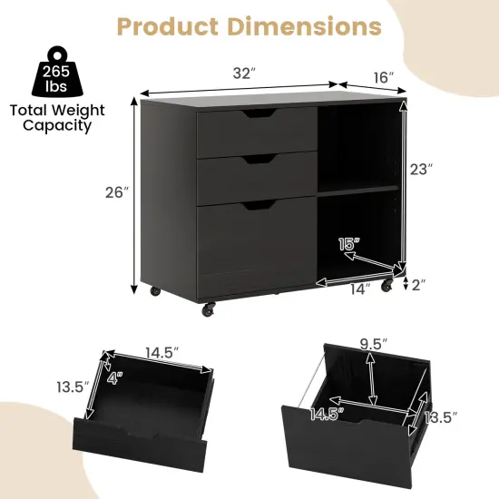 Modern Mobile File Storage Cabinet with Large Tabletop 3 Drawers and Smooth Rolling Wheels Black {5}